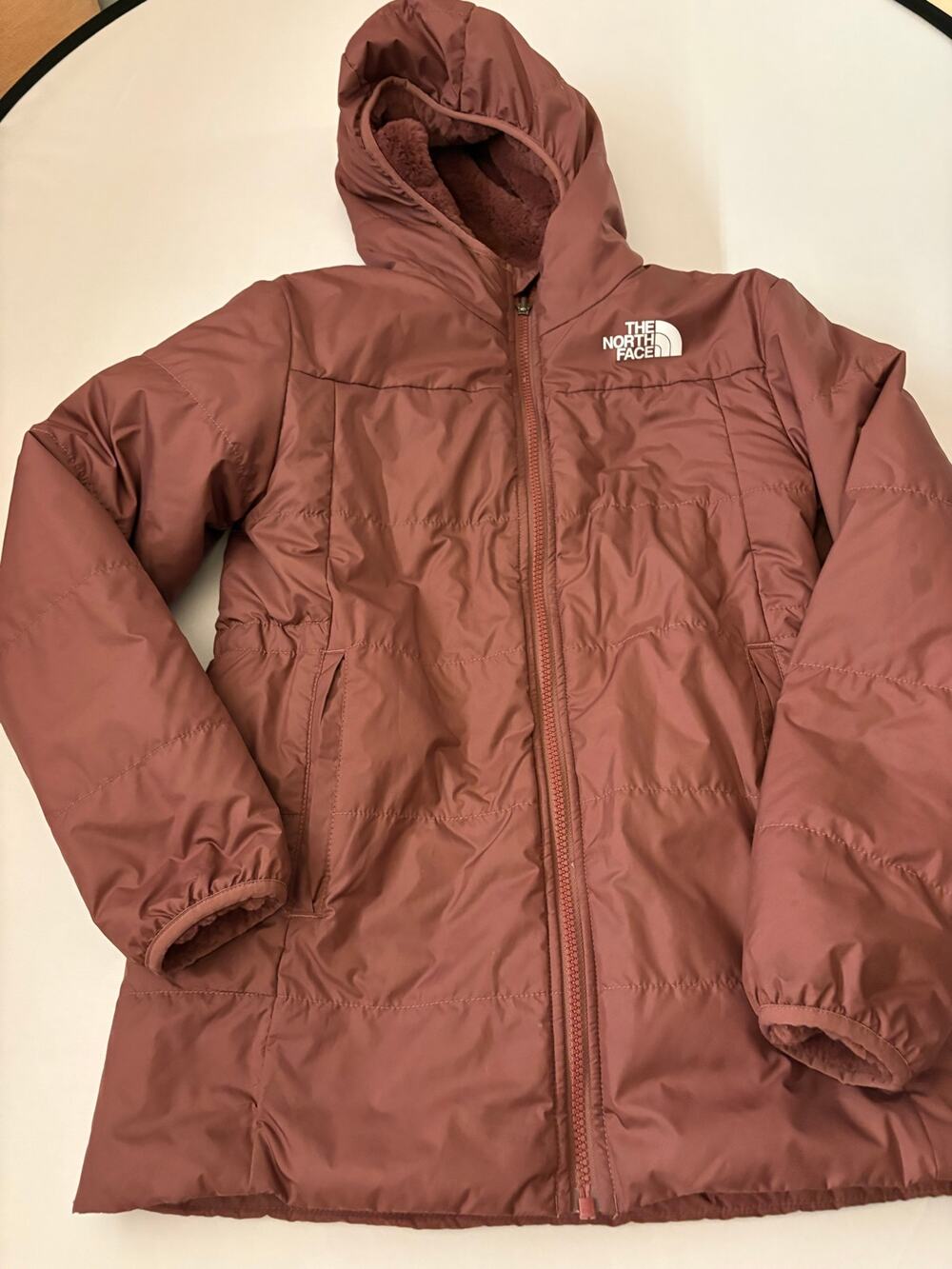 The North Face Reversible Plush Fleece Hooded Jacket Mauve Brown Teen Girls L 14